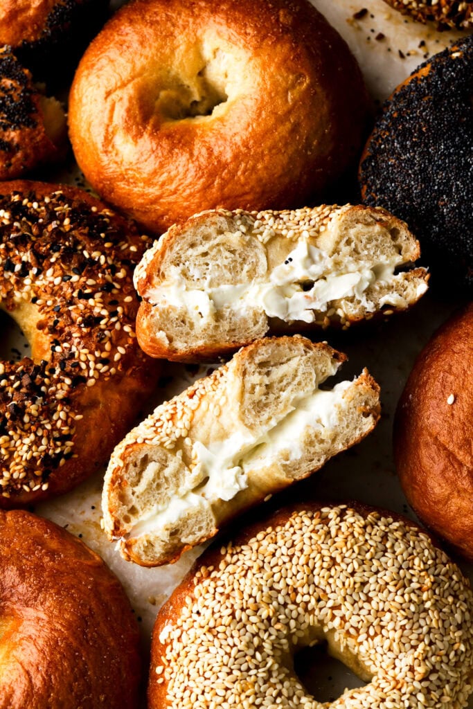 Bagel cut in half with cream cheese
