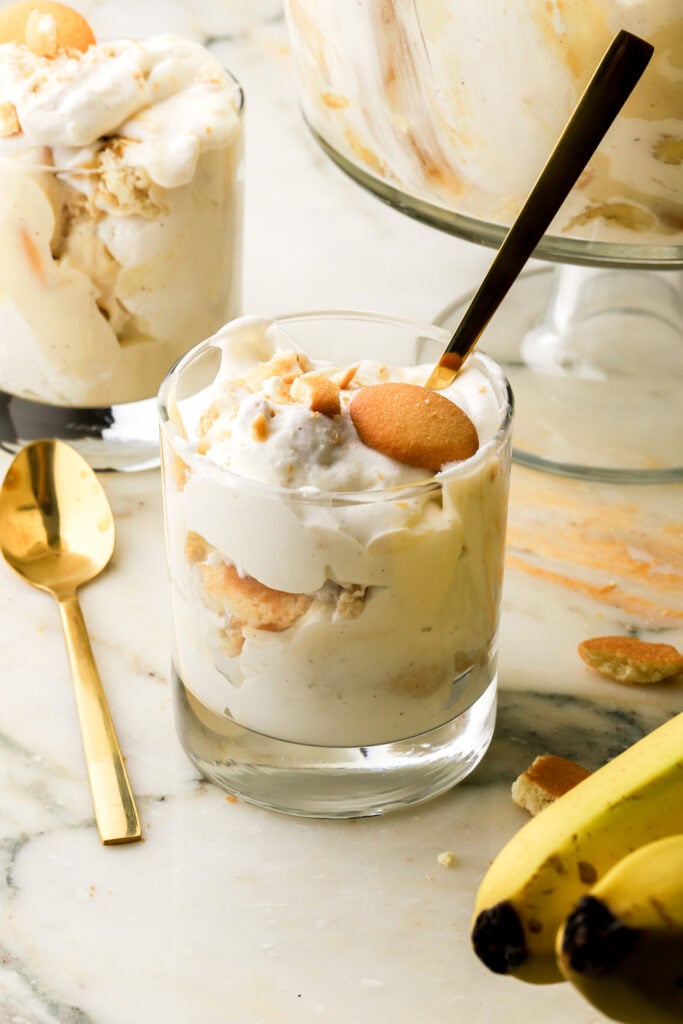 scoop of banana pudding in a cup