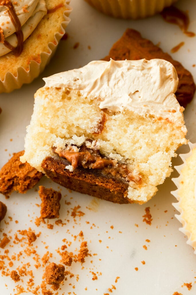 biscoff cupcake cut in half showing the inside