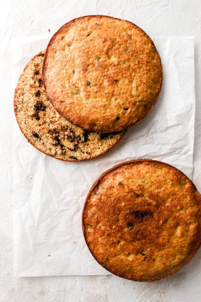 chocolate chip banana cake layers sliced in half
