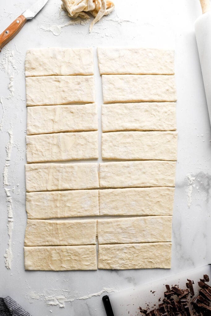 roll out chilled dough and slice into 16 rectangles