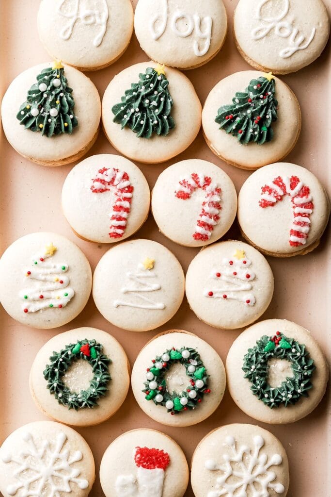 close up of christmas decorations on macarons