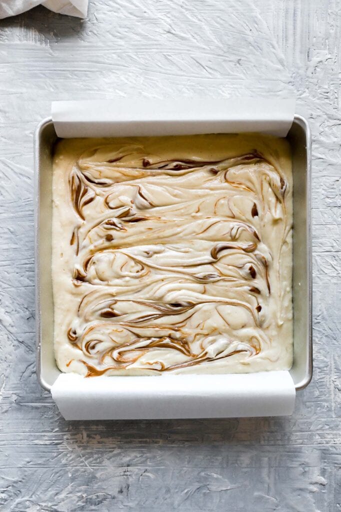 use a knife to swirl cookie butter into batter