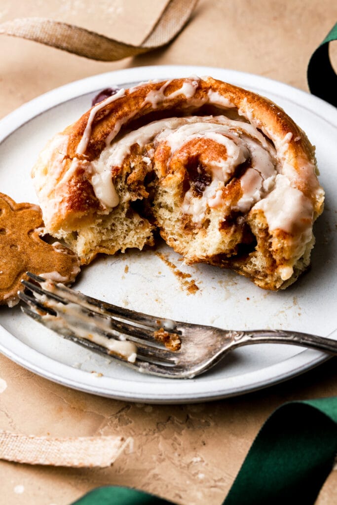 close up of inside texture of gingerbread cinnamon rolls