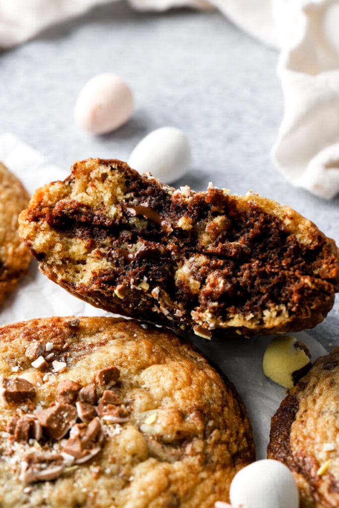 mini egg cookie split in half to show the inside