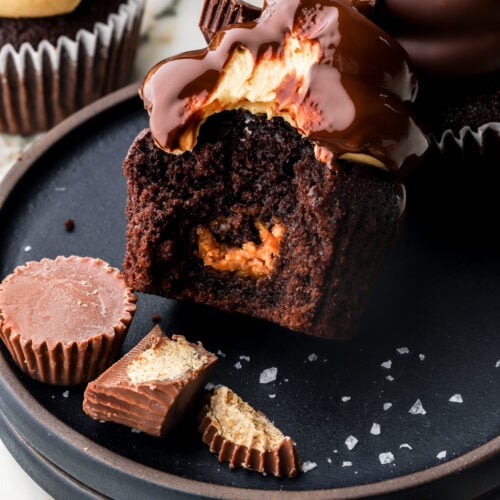 bite taken out of a Reese's peanut butter cupcake