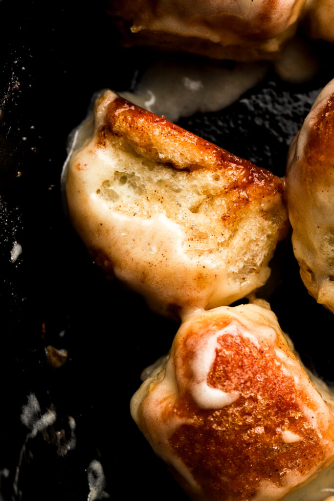 close up of monkey bread in a skillet