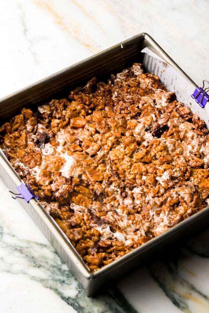 marshamllow fluff and chocolate folded throughout and pressed into pan