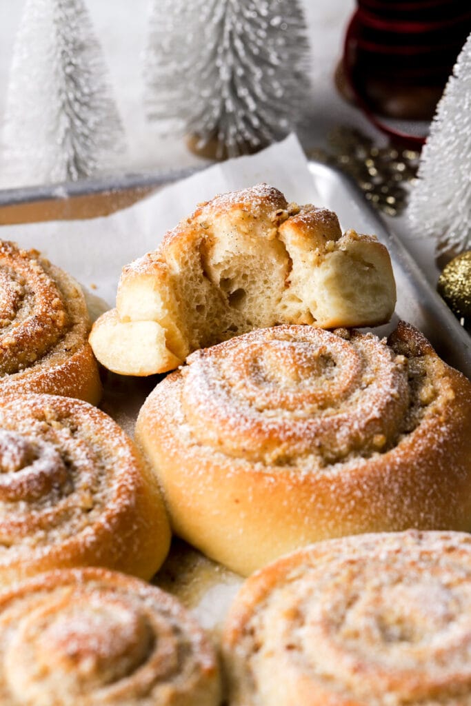 walnut rolls dusted with powdered sugar